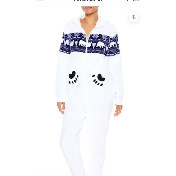 Derek heart Hooded Polar Bear women L Fair Isle Jumpsuit - White& navy winter - Picture 2 of 14